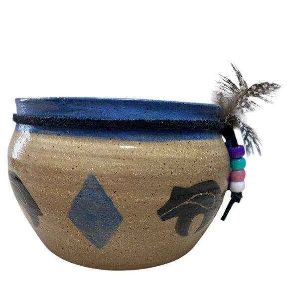 Southwestern Handmade Bear Pottery Bowl Planter with Beads & Feathers - Picture 4 of 8